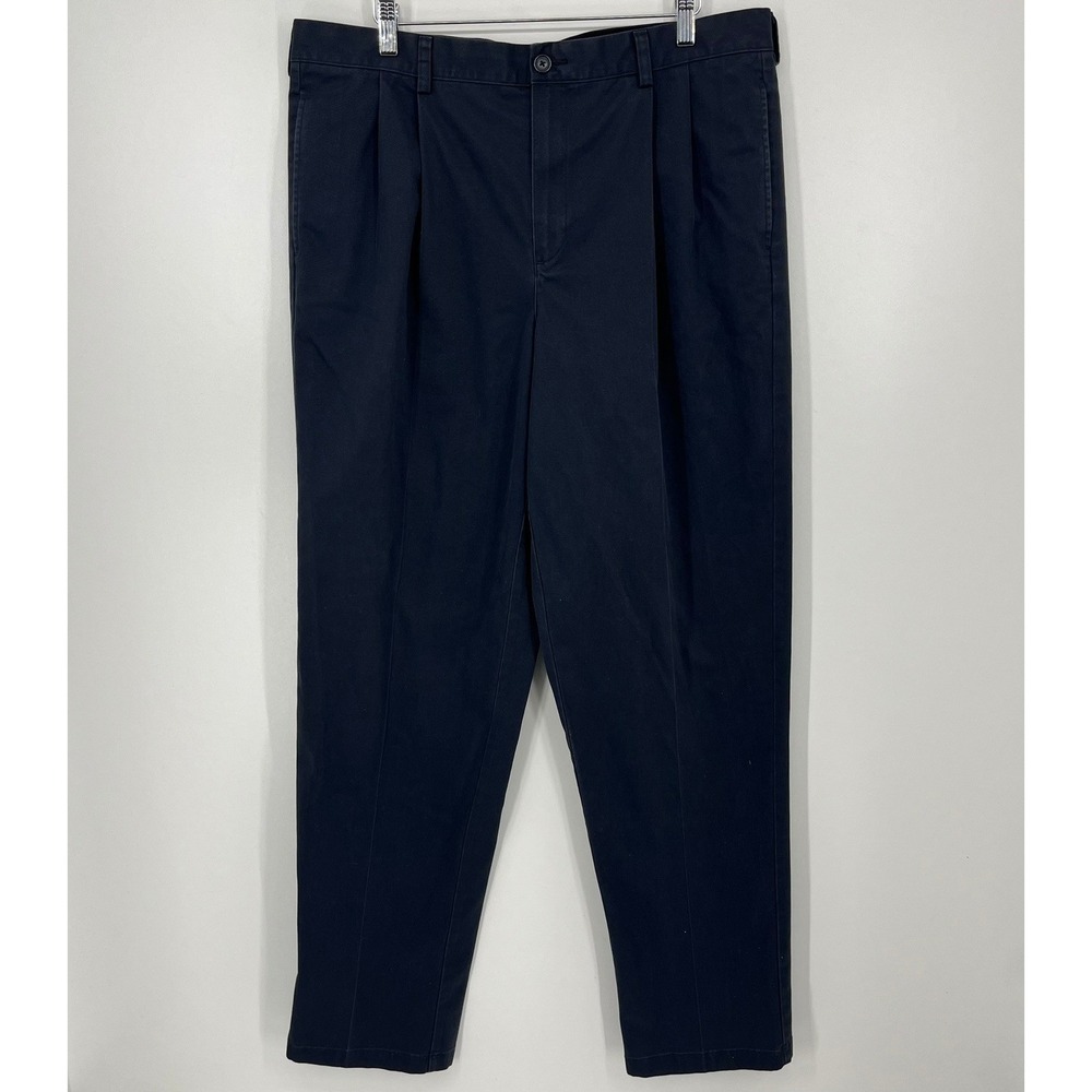 LL Bean Classic Fit Pleated Chinos Navy Blue 100% Cotton Mens Pants 37x36
